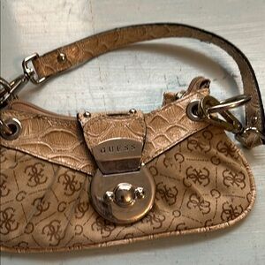 Guess Tan and Brown Shoulder Bag with Monogram Pattern